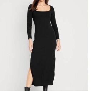 Fitted Rib-Knit Square-Neck Midi Dress